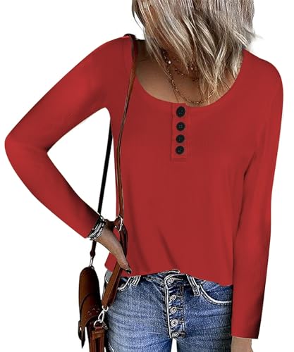 FANGJIN Damen Langarmshirt Strickpullover Tops mit Knöpfen Basic sexy Festival Outfit Frauen Rundhalsausschnitt Oberteile L （40 42） von FANGJIN