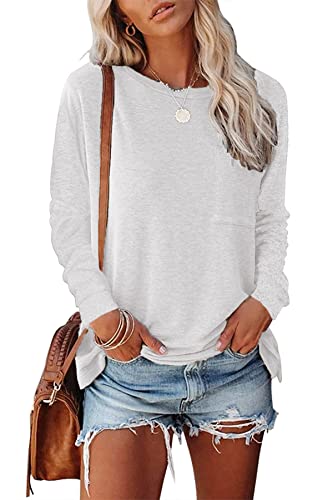 FANGJIN Damen Langarmshirts Pullover Tshirt Rundhals Ausschnitt Oberteile Herbst Winter Longshirt Frauen Elegant Tops Longpullover für Damen Damenpullover Sexy Kleidung Sweatshirt Weiß Mittel M von FANGJIN