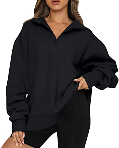 FANGJIN Damen Loose Sweatshirt Casual Einfarbig Rundhals Pullover Tops Damen Loose Langarm Plüsch Tops Comfort Fashion Sport Schwarz M von FANGJIN