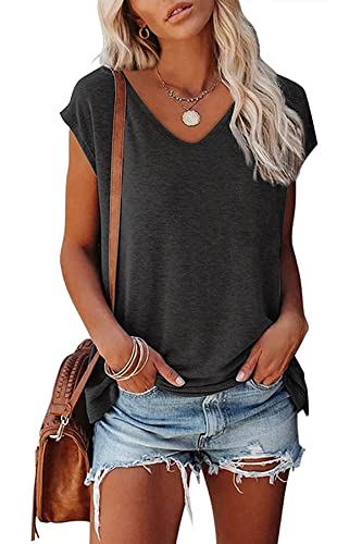 FANGJIN Damen Mode 2023 Sommer Shirt Pullover v Ausschnitt Solid Kurzarm T Shirt Casual sommertop Baseball Oberteile Elegant Schwarz Festival Outfit XX-Large XXL von FANGJIN