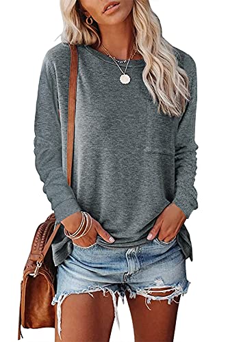 FANGJIN Rundhals Ausschnitt Tops für Frauen Tunika Pullover zu tragen mit Leggings Langarmshirts Damen Casual Solid Tunika Gym Oberteil Langarm T-Shirt Grau Groß L von FANGJIN