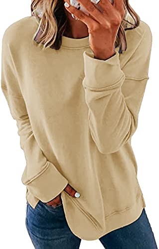 FANGJIN Damen Pullover Langarmshirt Modern Einfarbig Rundhals Sweatshirt Damen ohne Kapuze Beige Tunika Lang Langarm Longshirt Tops Oberteil Klein(36 38) von FANGJIN