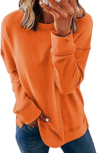 FANGJIN Pullover Damen Winter Modern Einfarbig Rundhals Sweatshirt Longpullover Oversize Pullover Lang Langarm Longshirt Orange Groß(44 46) von FANGJIN