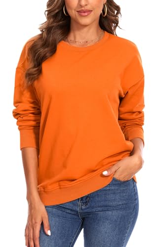 FANGJIN Pullover Damen Winter Modern Einfarbig Rundhals Sweatshirt Longpullover Oversize Pullover Lang Langarm Longshirt Orange Groß(44 46) von FANGJIN