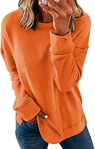 FANGJIN Sweatshirt Damen Pullover Langarmshirt Modern Einfarbig Rundhals Tunika Longpullover Oversize Lang Orange Mittel(40 42) von FANGJIN