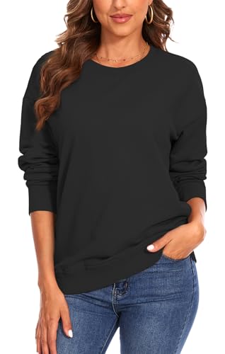 FANGJIN Damen Pullover Modern Einfarbig Rundhals Sweatshirt Longpullover Oversize Pullover Lang Langarm Longshirt Schwarz Klein(36 38) von FANGJIN