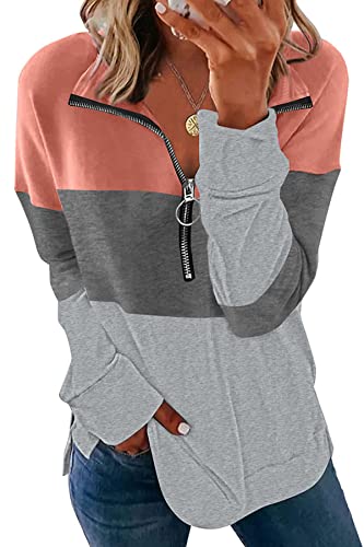 FANGJIN Damen Modern Halber Reißverschluss Sweatshirt Longpullover Oversize Pullover Lang Langarm Longshirt Grau XXL von FANGJIN