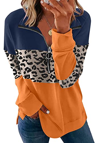 FANGJIN Damen Modern Halber Reißverschluss Sweatshirt Longpullover Oversize Pullover Lang Langarm Longshirt Leopardorange XL von FANGJIN