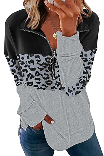 FANGJIN Damen Modern Halber Reißverschluss Sweatshirt Longpullover Oversize Pullover Lang Langarm Longshirt Leopardschwarz L von FANGJIN