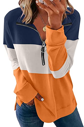 FANGJIN Damen Modern Halber Reißverschluss Sweatshirt Longpullover Oversize Pullover Lang Langarm Longshirt Orange L von FANGJIN