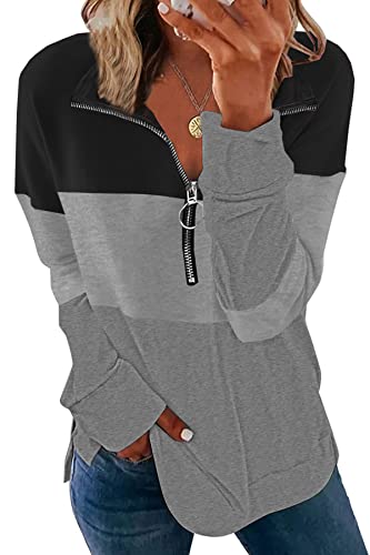 FANGJIN Damen Modern Halber Reißverschluss Sweatshirt Longpullover Oversize Pullover Lang Langarm Longshirt Schwarz L von FANGJIN