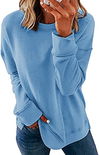 FANGJIN Pullover Damen Herbst Winter Rundhals Sweatshirt Frauen Casual Langarmshirt Tunika Bluse lose Sport top Himmelblau Lightweight Oberteile Groß(44 46) von FANGJIN