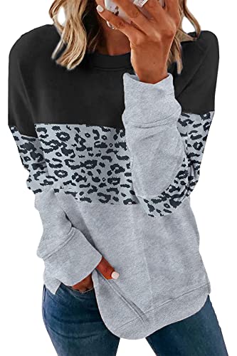 FANGJIN Damen Modern Rundhals Sweatshirt Longpullover Pullover Oberteile Langarm Longshirt Leopardenmuster Schwarz Tops Mittel(40 42) von FANGJIN
