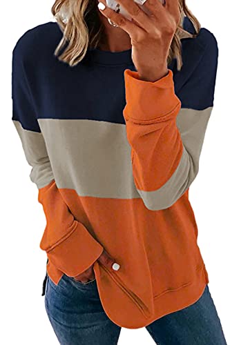 FANGJIN Sweatshirt Damen Basic Rundhals Langarmshirt Herbst Winter Pullover Casual Lose Oberteile Shirts Tops Orange Lightweight Kleidung Mittel(40 42) von FANGJIN