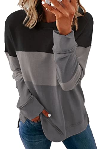 FANGJIN Pullover Damen Sweatshirt Modern Rundhals Farbblock Oberteile Leichter für den Herbst Plus Größe Longpullover Langarm top Schwarz Bekleidung Klein(36 38) von FANGJIN