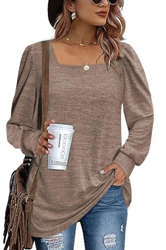 FANGJIN Damen Oberteile Sport Shirts Pullover Tops Sport Kleidung Frauen Langarmshirt Rundhals T-Shirt Basic Shirt Longshirt Baumwolle Slim Fit Khaki Resort Bekleidung L von FANGJIN