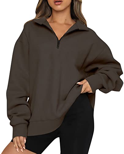 FANGJIN Damen Oversized Sweatshirt Langarmshirt Leichter Pullover Tops 1/4 Zip warmes Oberteile Party Outfit Frauen Sport Streetwear Braun XXL von FANGJIN