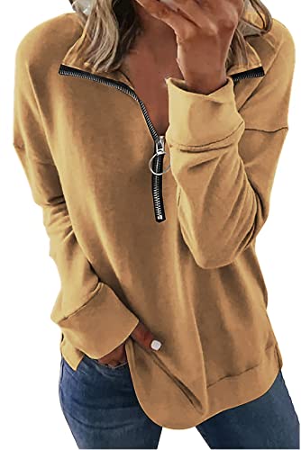 FANGJIN Damen Pollover Oversize Sweatshirt 1/2 Zip Damen Frühling und Herbst Herbst Langarm Henley Shirt für Damen Leichtgewicht mit Kordelzug (Khaki,L) von FANGJIN