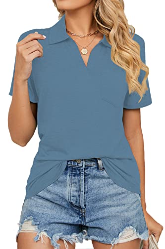 FANGJIN Damen Polo Kurzarm T Shirt Casual Pullover Oberteile Sommer T-Shirts Elegants Einfarbig Bluse Blau Oversized V-Ausschnitt Tops Sport und Freizeit Shirts XX-Large XXL von FANGJIN