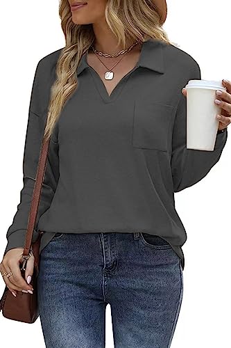 FANGJIN Damen Polo Langarm T Shirt Casual Pullover Oberteile Herbst Herbst und Winter T-Shirts Elegant Grau Outdoor-Aktivitäten Activewear XX-Large XXL von FANGJIN