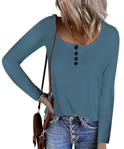 FANGJIN Damen Pullover Button Down Langarmshirt Herbst Winter elegant T-Shirt Frauen V-Ausschnitt Oberteil Casual sexy Tops Outfit Blau Shirt Kleidung XL（44 46） von FANGJIN