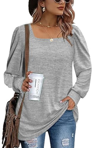 FANGJIN Damen Pullover Fasching Sommer Langarmshirt Pullover Oberteile Einfarbiges Bluse Rundhals Elegant Tunika Kleidung Basic T-Shirt 2023 Herbst grau Puffhülle top L FANGJIN Damen Pullover Fasching Sommer Langarmshirt Pullover Oberteile Einfarbiges Bluse Rundhals Elegant Tunika Kleidung Basic T-Shirt 2023 Herbst grau Puffhülle top L von FANGJIN