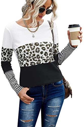 FANGJIN Damen Pullover Herbst Tshirt Lang Langarmshirt Winter Shirt Langarm Oberteil Longshirt Elegant T-Shirt Bluse Damenpullover Lässige Moderne Longsleeve Strickjacken für Damen Leopard Schwarz XL von FANGJIN