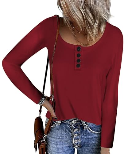 FANGJIN Damen Pullover Herbst Winter Tshirt sexy Lang Langarmshirt Winter Shirt Langarm Oberteil Longshirt Elegant Lässige Moderne Longsleeve Strickjacken für Damen Weinrot M von FANGJIN