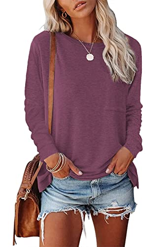 FANGJIN Damen Pullover Lang Damen Oberteile Winter Longshirt Damen Langarm Elegant Longpullover für Damen Damenpullover Sexy Kleidung Sweatshirt Weinrot Klein S von FANGJIN