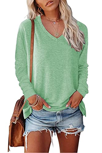 FANGJIN Damen Pullover Longshirt Langarm Einfarbig Oberteile Tshirt Langarmshirt Frühling Neu Tops Hellgrün Elegant elegant Sweatshirt für Damen L von FANGJIN