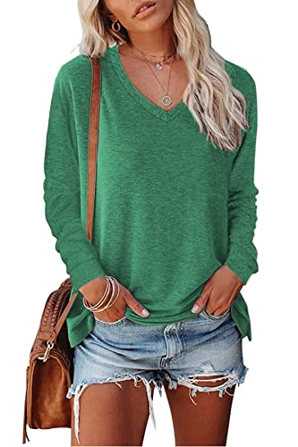 FANGJIN Damen V-Ausschnitt Shirt Pullover Oversize Einfarbig Oberteile Tshirt Lang Langarmshirt Winter T-Shirt Bluse Elegant Longshirt Grün S von FANGJIN