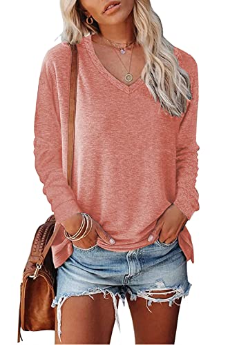 FANGJIN Damen V-Ausschnitt Tshirt Pullover Oversize Tops Einfarbig Oberteile Shirt Lang Langarmshirt Herbst Winter T-Shirt Bluse Elegant Longshirt Rosa M von FANGJIN