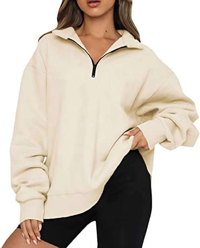 FANGJIN Damen Pullover Sweatshirt Herbst Winter Oversized Tops Frauen Freizeit Sport 1/2 Zip Langarm Shirt Streetwear Tops Baumwolle Plüsch Oberteile Beige XL von FANGJIN