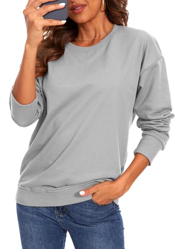 FANGJIN Damen Pullover Sweatshirt Modern Einfarbig Rundhals Oberteile Longpullover Oversize Lang Langarm Tops Longshirt Activewear für Damen Grau XX-Large(50 52) von FANGJIN