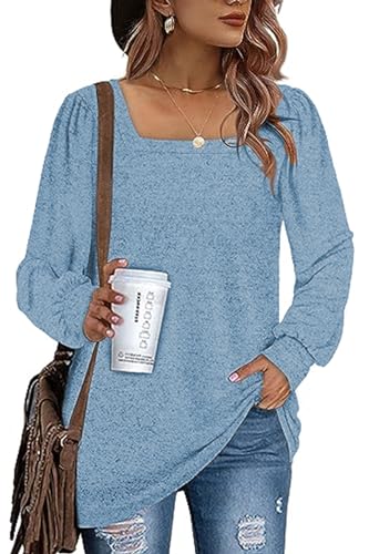 FANGJIN Damen Pullover Tshirt hellblau Basic Langarmshirt travel sexy Oberteil Activewear-Shirts & blusen Tunika Tshirt Gym Sport Kleidung Frauen Squre Neck Tunics Lightweight Tops L von FANGJIN