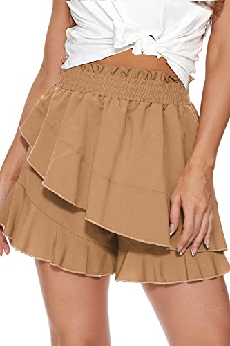 FANGJIN Damen Shorts, Miniröcke, modische Faltenröcke, lässige lose einfarbige Shorts Travel Casual Fashion Skirt Shorts Khaki Laufen und Radfahren Short L von FANGJIN