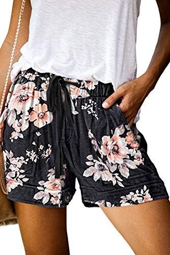 FANGJIN Damen Shorts Kordelzug Baggy Lounge Hosen Frauen Strand Tragen Reise Dehnbare Aufwärmhose Mit Taschen Blumen Schwarz M von FANGJIN