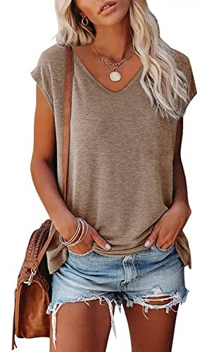 FANGJIN Damen V-Ausschnitt Tshirt Solid Kurzarm Tops Frauen Casual Pullover Oberteile Cute Elegant Khaki Shirt Basic Tunika Gym Sweatshirt Groß L von FANGJIN