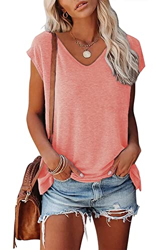 FANGJIN Damen Solid Kurzarm T Shirt Casual Pullover Oberteile Sommer T-Shirts Elegant Rosa Mittel M von FANGJIN