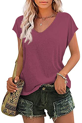 FANGJIN Oberteile Damen Sommer T-Shirt V-Ausschnitt Kurzarm T Shirt Casual Pullover Tops Teenager mädchen Basic Shirts Elegant stylische Weinrot Sportshirt Groß L von FANGJIN