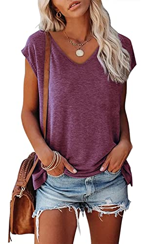 FANGJIN Damen Solid Kurzarm T Shirt Casual Pullover Oberteile Sommer T-Shirts Elegant Weinrot XX-Large XXL von FANGJIN