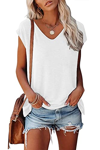 FANGJIN Damen Solid Kurzarm T Shirt Casual Pullover Oberteile Sommer T-Shirts Elegant Weiß X-Large XL von FANGJIN