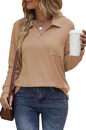 FANGJIN Damen Solid Langarm V-Ausschnitt Polo T Shirt Casual Pullover Oberteile Herbst T-Shirts Elegant Khaki Mittel M von FANGJIN