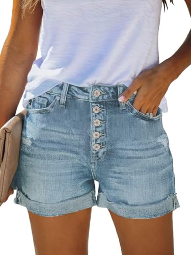 FANGJIN Damen Sommer Hohe Taille Denim Kurze Hose Distressed Zerrissener Jeans Baumwolle Destroyed Shorts Sky Blue M von FANGJIN