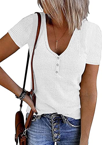 FANGJIN Damen Sommer Sport und Freizeit Shirts Solid Mit Knöpfen Kurzarm T-Shirt Pullover Basic Top Weiße Basi Oberteil Casual weißes Damen elegant Top L von FANGJIN