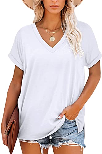 FANGJIN Damen Sommer Sport und Freizeit Shirts Solid V-Ausschnitt Kurzarm T-Shirt Pullover Basic Top Weiße Basi Oberteil Casual weißes Damen elegant Top L von FANGJIN