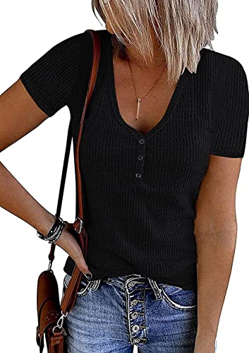 FANGJIN Damen Sommer Tshirt Kurzarm Shirts Mit Knöpfen Oberteil Sommer Blusen lose kurzärmelige Top T-Shirt niedliches Sweatshirt Schwarz XXL von FANGJIN