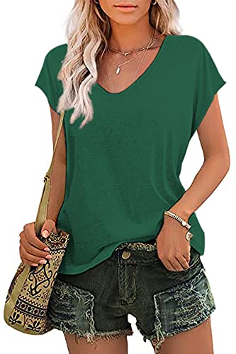 FANGJIN Damen Sommer V-Ausschnitt Shirts Solid Kurzarm T Shirt Frauen Casual Pullover Oberteile hochwertig Reise Essentials Shirt Sport Tops Grün L von FANGJIN