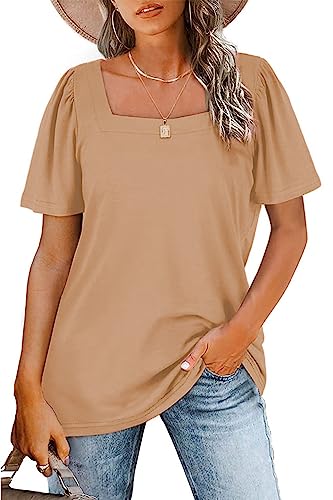 FANGJIN Damen Sport Kurzarm T Shirt Casual Pullover Oberteile Sommer T-Shirts Elegant Khaki X-Large XL von FANGJIN