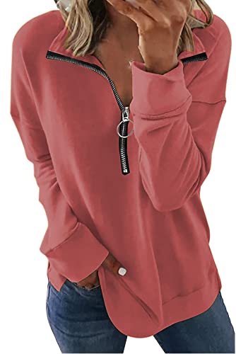 FANGJIN Damen-Sweatshirt Einfarbig Pullover Damen 1/2 Zip Oversized Mode Sweatshirt Herbst Plüsch Tops Himmel Rot M von FANGJIN